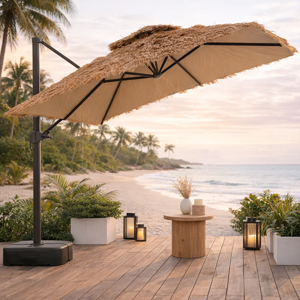 Outdoor Patio Umbrella with Faux Thatch Canopy Villa & Commercial Aluminum Alloy Frame Sunshade for Outdoor