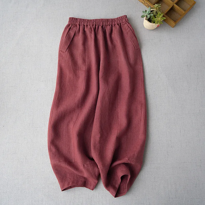2025 New Spring Vintage Pocket Pants Women Chinese Style Loose Linen Cropped Pants Ankle-Length Casual Solid Patchwork Trousers