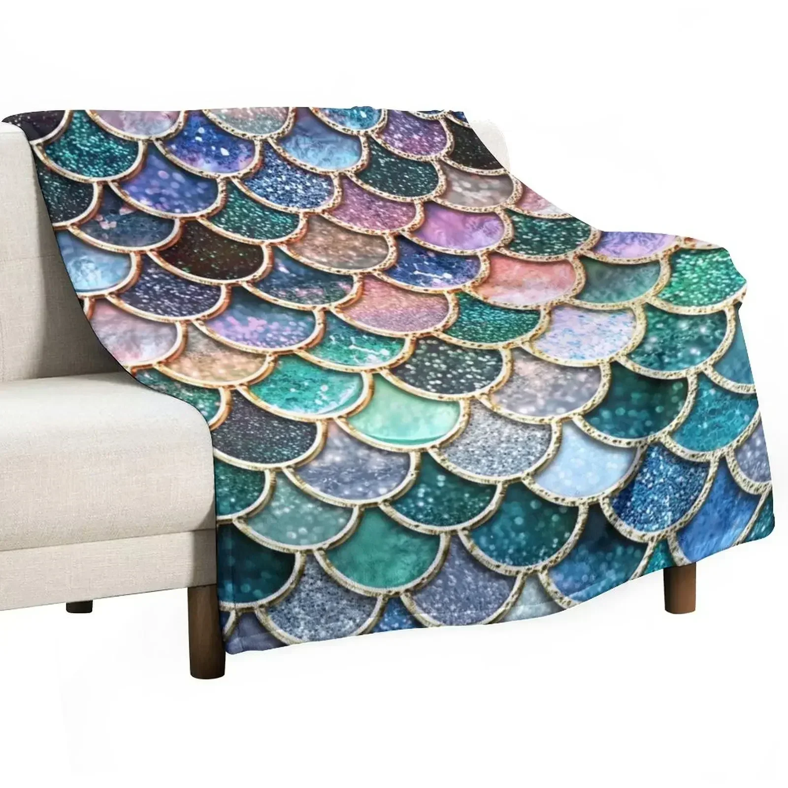 

Teal, Silver and Pink Sparkle Faux Glitter Mermaid Scales Throw Blanket Bed valentine gift ideas Blankets