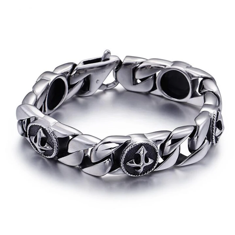 15mm Heavy Punk Retro Cross Curb Cuban Chian Bracelet Wristband Men Women Hiphop Rock Stainless Steel Biker Bike Bangle Jewelry