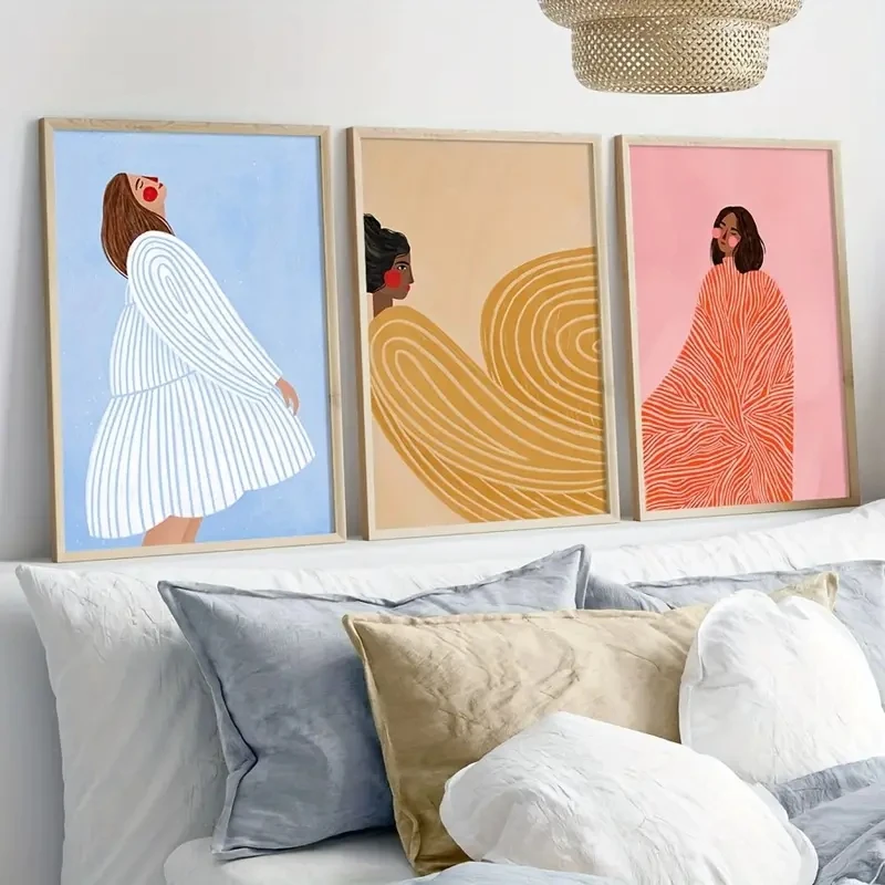 3pcs/Set Colorful Abstract Striped Women's Painting Printed Materials, Interior Wall Canvas Art Coffee Shop Corridor Home Decor