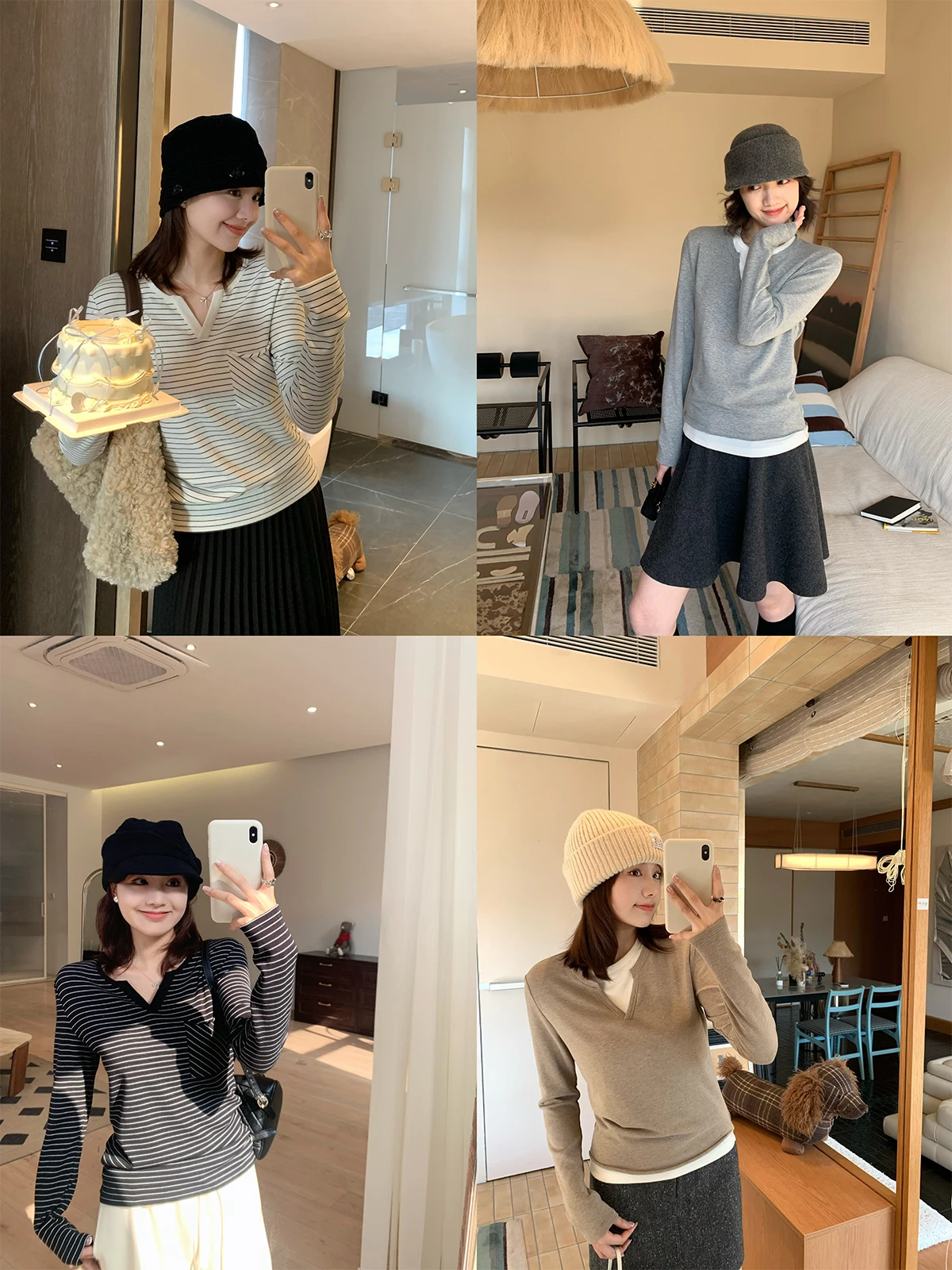 

Winter Casual Sle Fce Lined Loose Base Layer irt Henry Collar Outerwear Stripe Knitted Top for Ladies Commuting