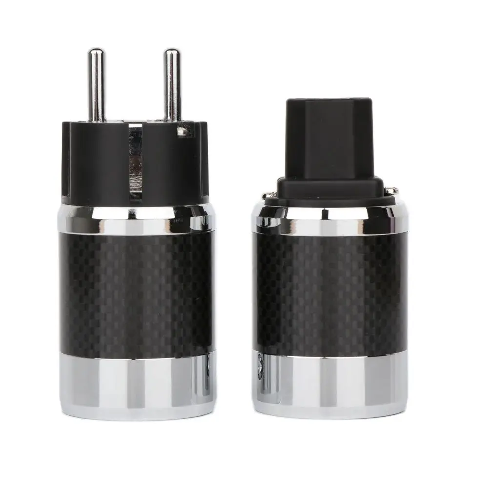 Pair Black Carbon Fiber Rhodium Plated With Gasket EU/US Standard AC Power Plug IEC Female DIY Mains Power Cable Jack