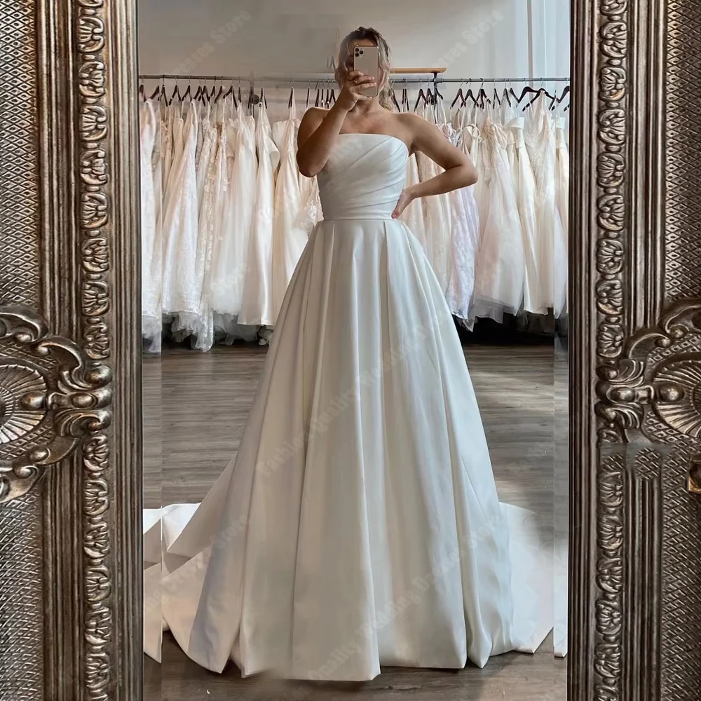

2025 Shining Satin Women Wedding Dresses Simple A-Line Backless Formal Sleeveless Floor Mopping Ball Vestido De Novia Customized