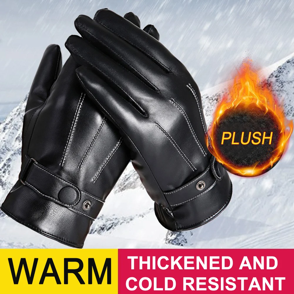 Men Winter Full Finger Gloves PU Leather Protection Riding Gloves Non-slip Touch Screen Gloves Adjustable Button for Outdoor