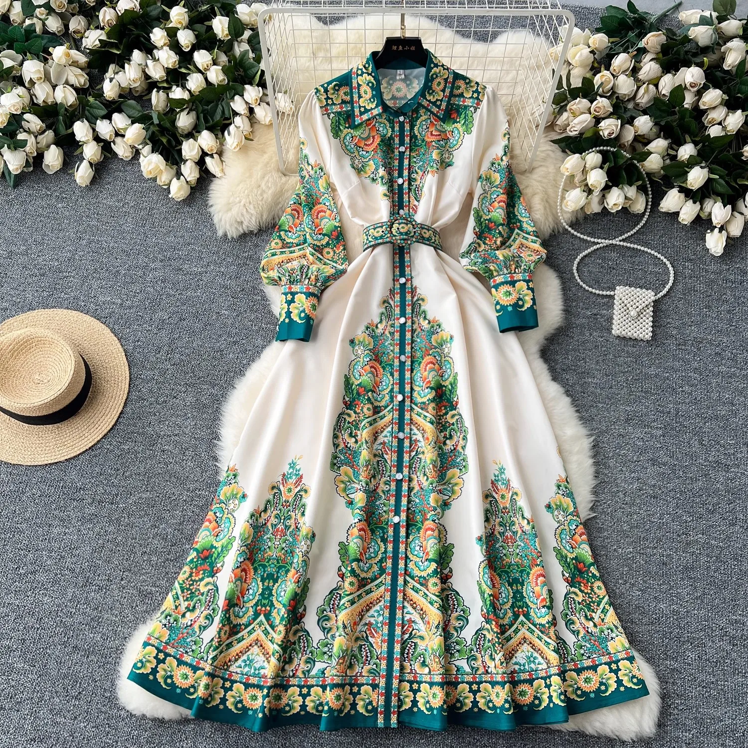 

Spring Summer Holiday Paisley Print Long Dresses Women's Turn Down Neck Long Lantern Sleeve Belt Floral Print Maxi Robe Vestidos