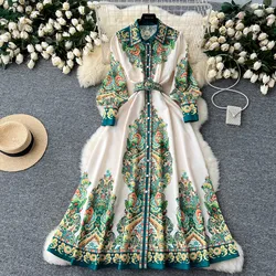 Spring Summer Holiday Paisley Print Long Dresses Women's Turn Down Neck Long Lantern Sleeve Belt Floral Print Maxi Robe Vestidos