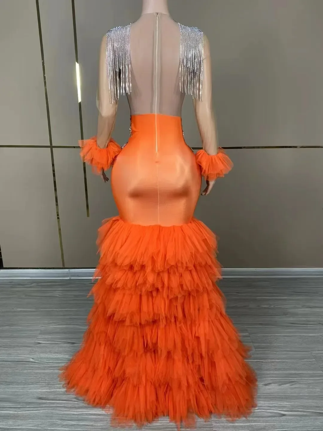 Orange Rhinestone Birthday Dress  Women Singer Stage Show Evening Prom Wedding Drag Queen Club  Wear