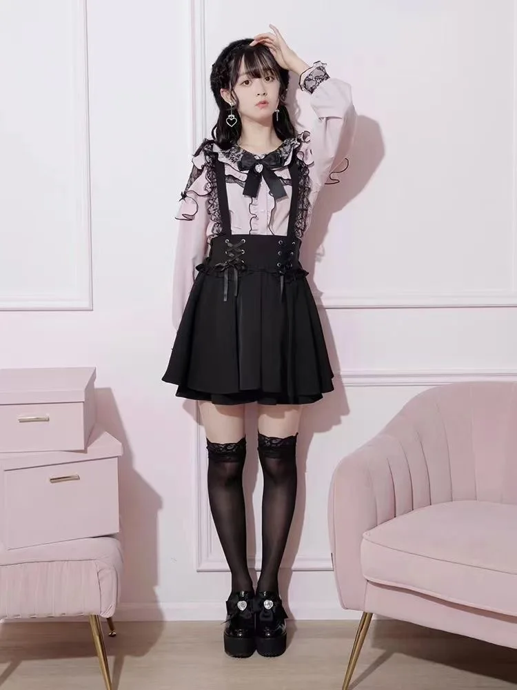 일본 오리지널 로리타 레트로 스위트 레이디 셔츠 대학 스타일 레이스 프릴 엣지 오프 숄더 긴팔 다목적 셔츠