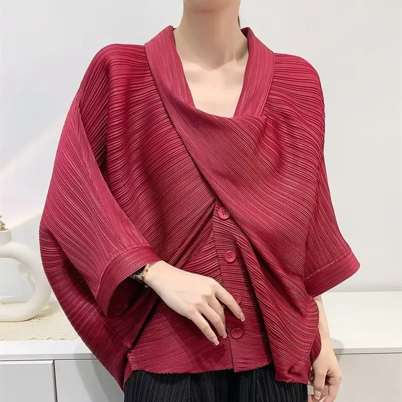 

Miyake Pleated Jacket Plisse2025 New Summer Fold Short Jacket Women's Pleat Top Loose Casual Pleats Scarf Collar Design Sense