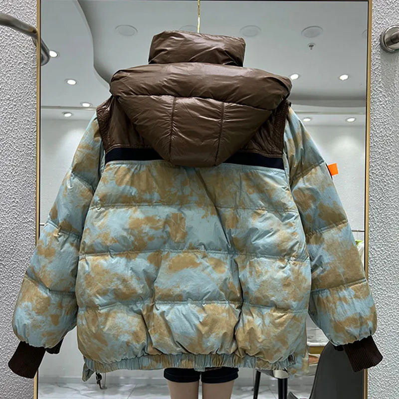 Outerwear Winter Warm Hooded Short color matching Women Down Jacket New 90% White duck down Loose camouflage Women\'s Puffer Coat