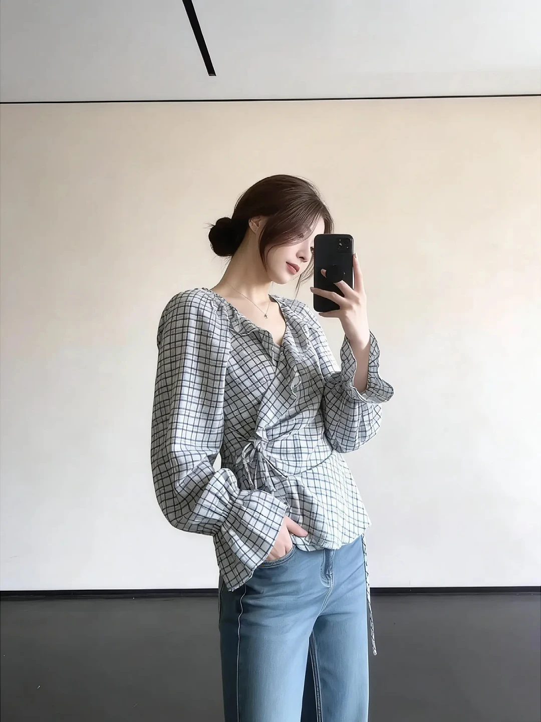 

plus Size Shirt V-Neck Gathered Waist Slimming Plaid Women's Summer Unique Long Sleeve Blouse Korean Style Commute Fashion