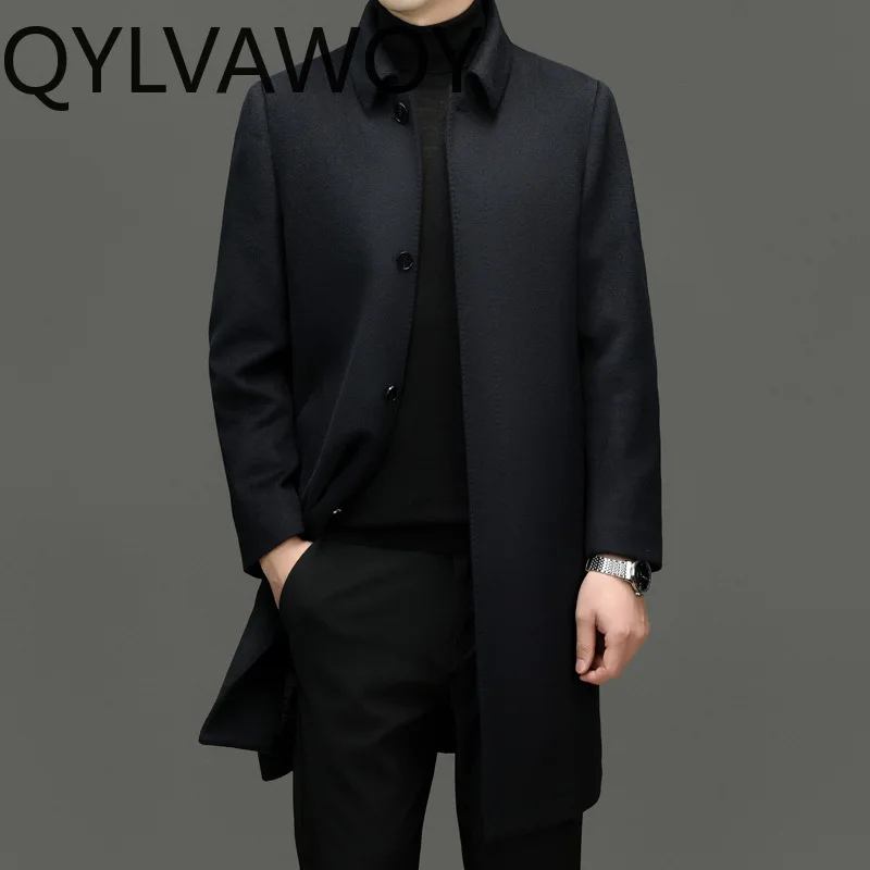 QYLVAWOY New Fashion 2026 High Quality 90% Wool Coat Men Clothing Mid-length Woolen Spliced Real Silk Jacket Casual Trench Coats
