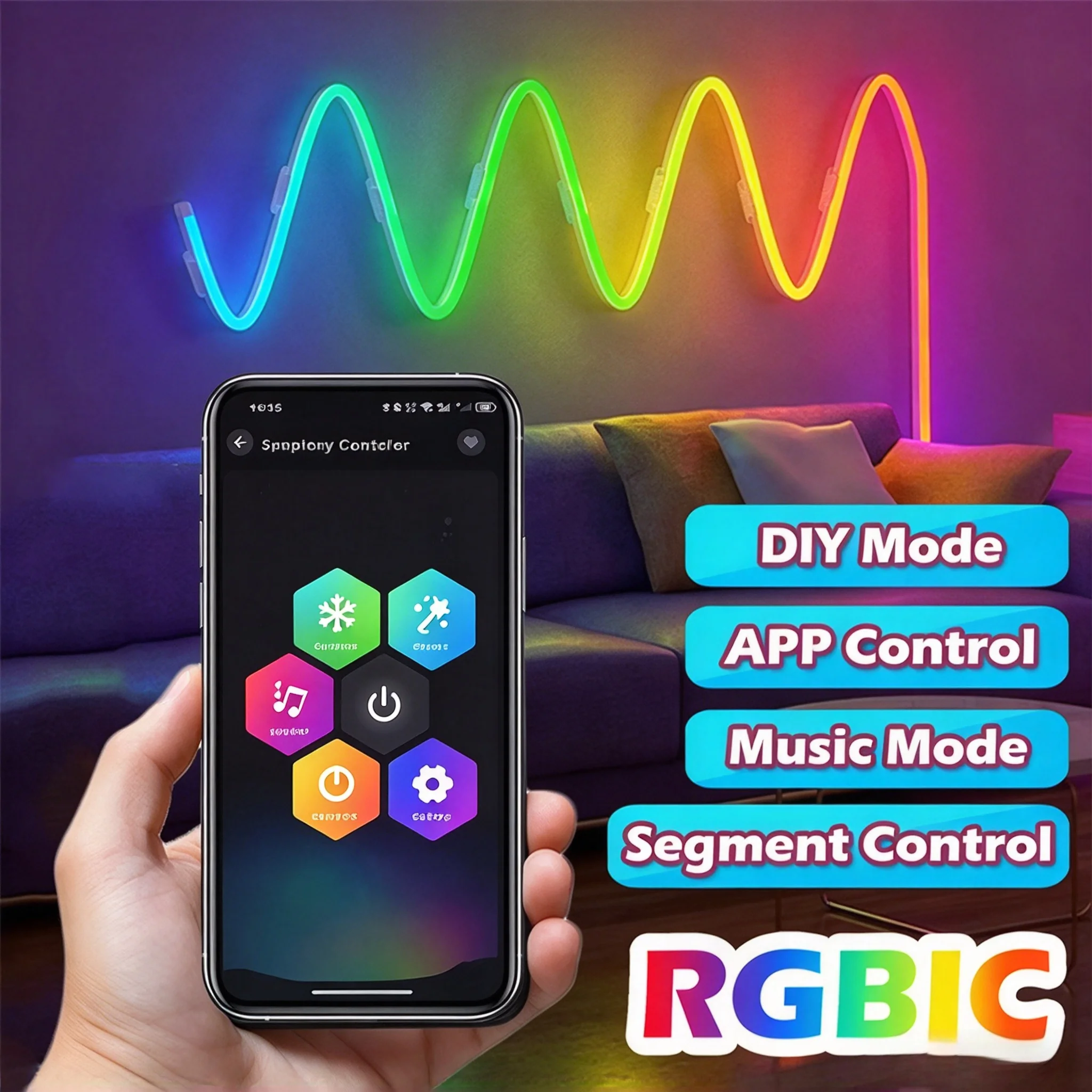 Rgbic Neon Lights, Colorful Led Light Strips, Remote Control and App Control, Color Switching, Multi-Color Modes, Dc5V, USB Type-A, 1m to 10m Colors, Can Be Cut to Size, Suitable for Home, Gaming, Ktv, Holiday Parties,