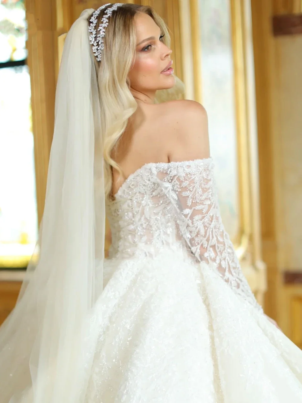 Customized Pearl embroidery Ball Gown Princess Wedding Dresses Off Shoulder Full Sleeves Sparking Lace Bridal vestidos de novia image 4