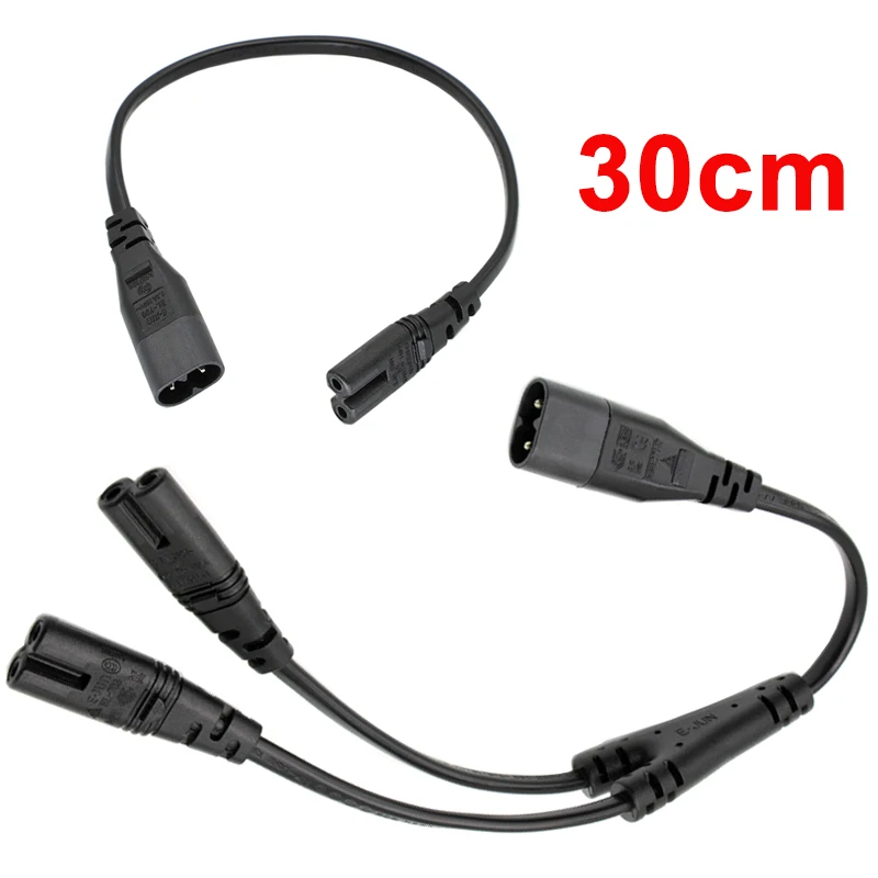 

1PC IEC 320 C8 2Pin Male to 2 x C7 Female Y Split Power Cable About 30CM IEC 320 C7 to C8 extension cords C8 male to C7 female