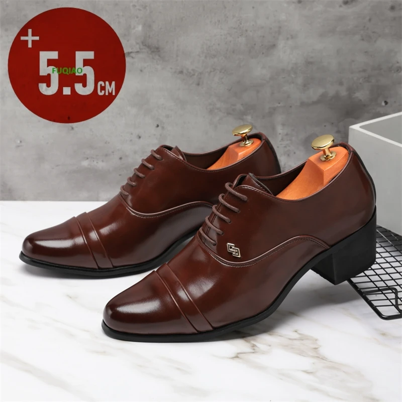

5.5cm Wedge Heel Men Dress Shoes Comfortable Business Elevator Oxfords for Formal Casual Leather Lace-Up Height Increasing Shoes