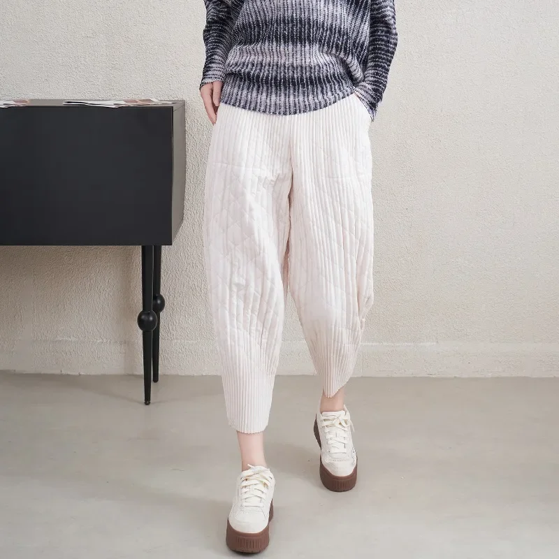 Miyake Women's Clip Cotton Pants 2025 Winter New Fashion Thick Section Loose Versatile Nine-minute Harlequin Pants Simple Women