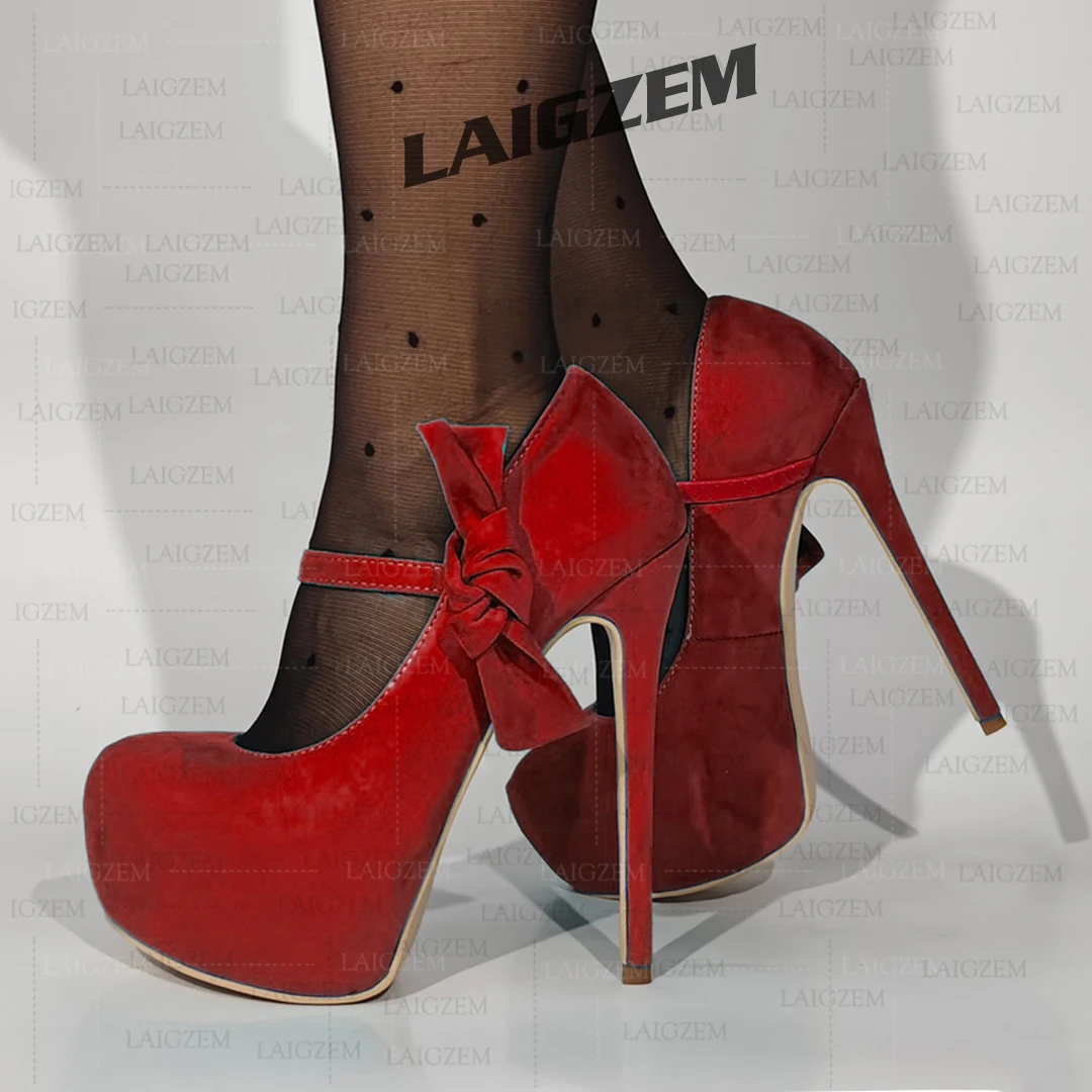 

LAIGZEM Women Pumps Round Toe Platform Bowtie Thin High Heels Comfortable Handmade Ladies Shoes Woman Big Size 36 38 43 50 52