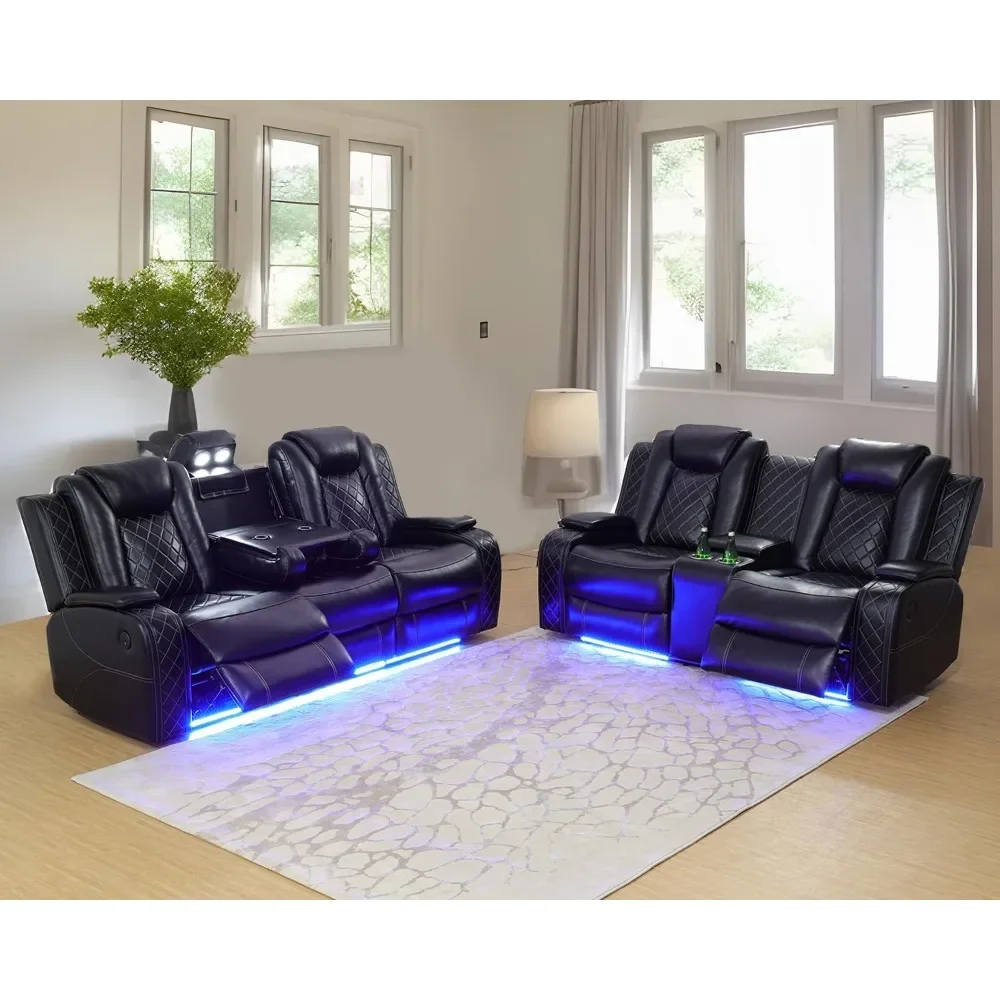 Living Room Furniture Set,Leather Power Recliner Sofa Set with LED,Leather Sofa Set with USB Port Storage Console Cup Holder