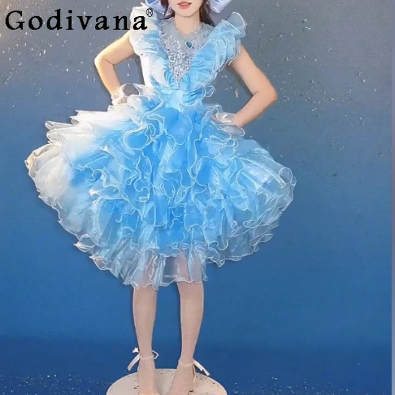 

Elegant Blue Retro Birthday Banquet Fairy Wedding Dress Fashion High Waist A-line Versatile Age Reduction Sweet Princess Dresses