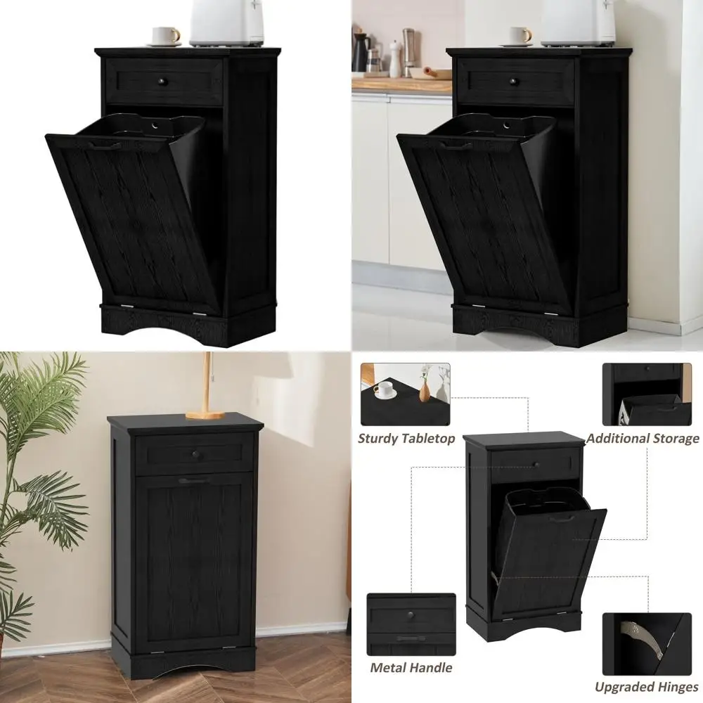 

13 Gallon Kitchen Trash Bin Cabinet with Recessed Garbage and Recycling Storage, Black