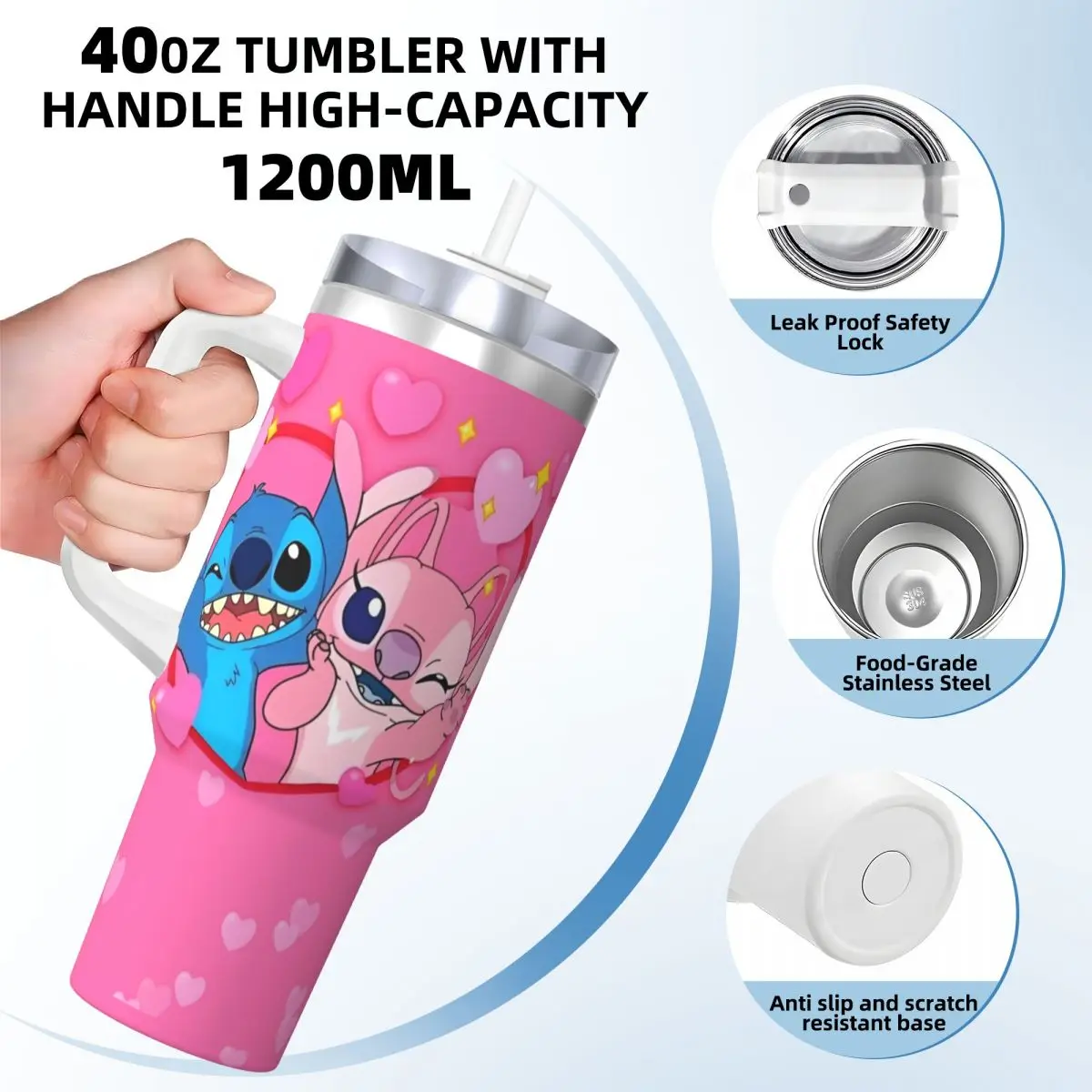 Stainless Steel Tumbler Kawaii Stitch And Angel Coffee Mug Cartoon Comic Portable Hot Drinks Car Mugs Travel Water Bottle