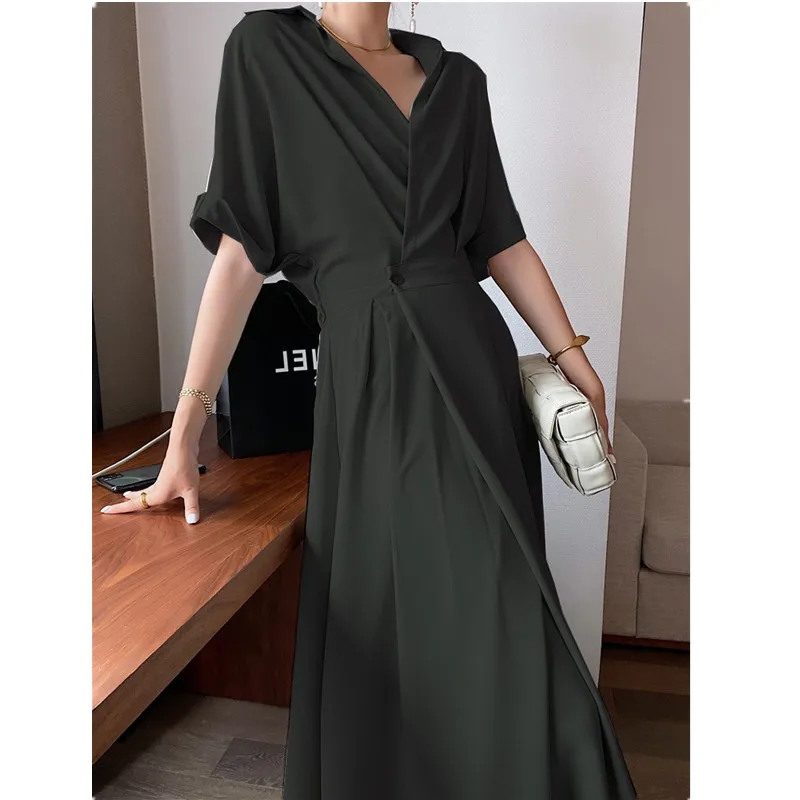 Women's Half Bat Sleeve Dress, Tight Waist Long Dress, Black Cover Shirt Collar Dress, Monochromatic Summer Dress, M, 5XL