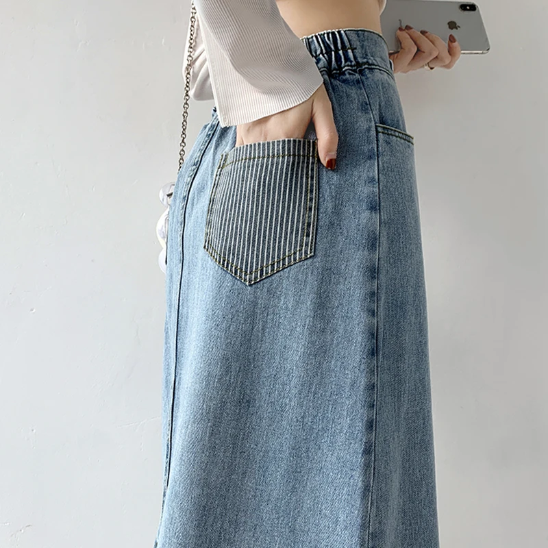 Spring Summer 2024 Denim Skirts For Women High Elastic Waist Striped A Line Long Skirt Back Slit Streetwear Jean Skirts Hot Sale