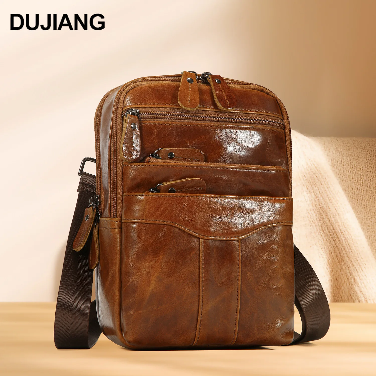 Genuine leather vintage men's high-end chest bag, square multi-pocket commuting and travel crossbody backpack