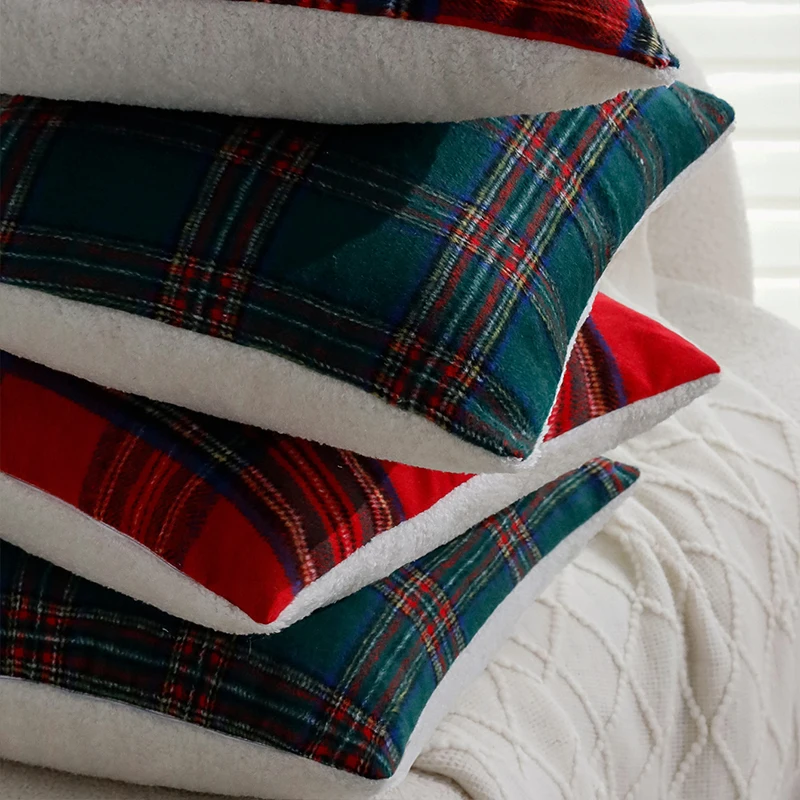 Cushion Cover Retro Red/Green Plaid-Single 30x50cm Christmas Supplies Home Decoration Pillow Cover for Indoor Sofa Pillowcase