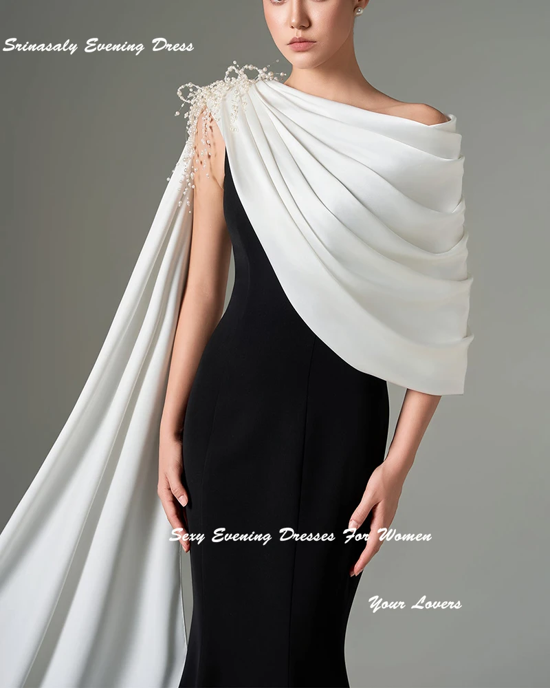 فساتين سهرة رسمية مكشوفة الكتفين من Fساتين سهرة طويلة من الكريب حورية البحر باللون الأبيض والأسود للنساء المثيرات فساتين قطار المحكمة