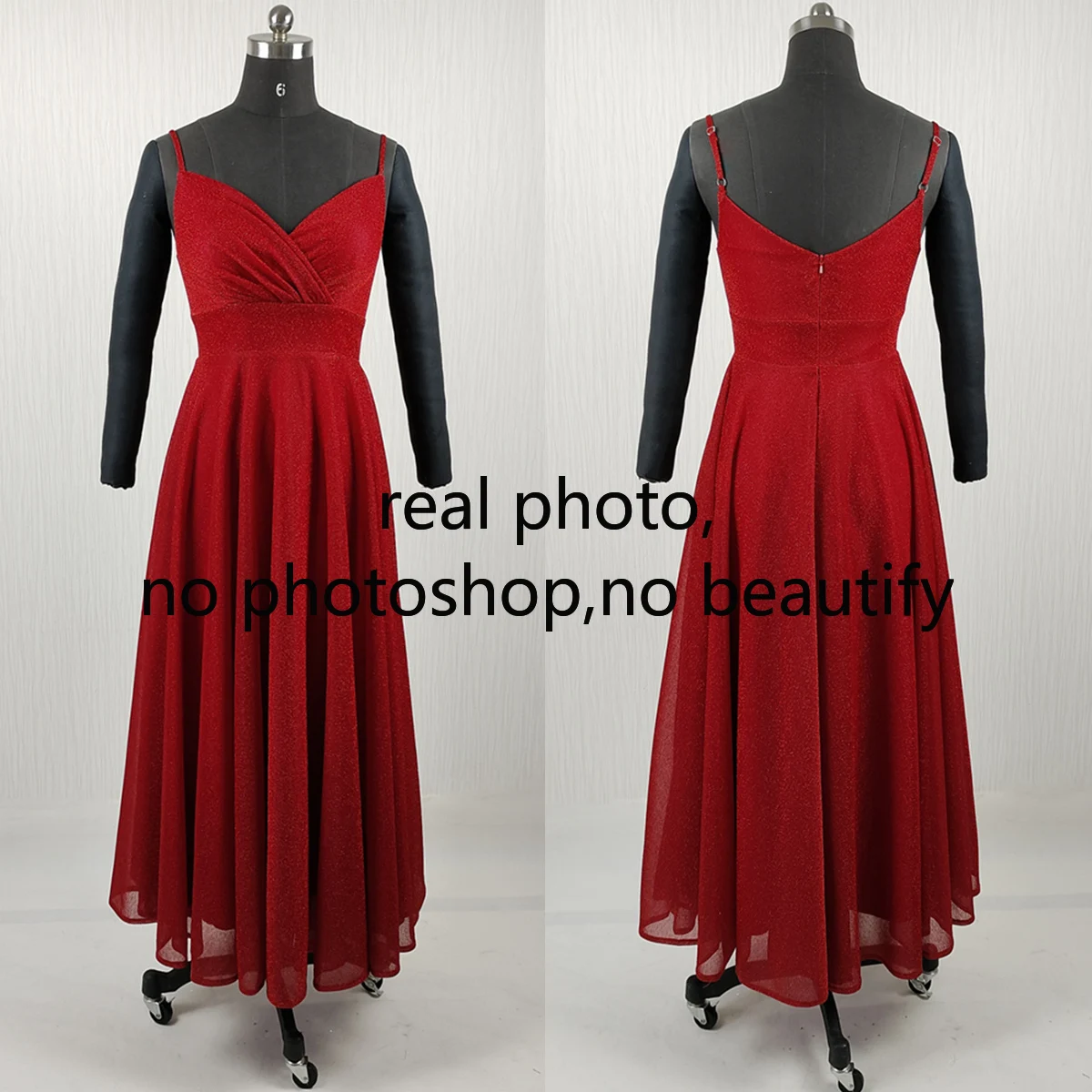 

Real Photo Evening Dresses Red Shiny Sgaphetti Straps Pleat Zipper back A-line Ankle-length Plus size Women Party Formal Gowns