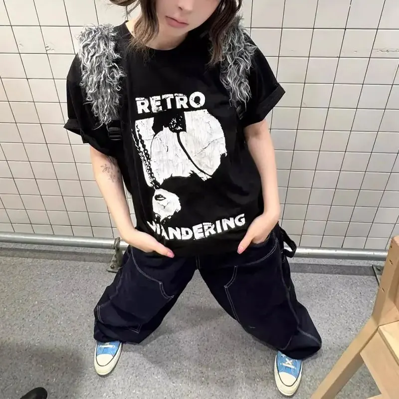 

Vintage American Printed Letter Pullovers Summer New Round Neck Women's Clothing Casual Short Sleeve Basic High Street T-shirts