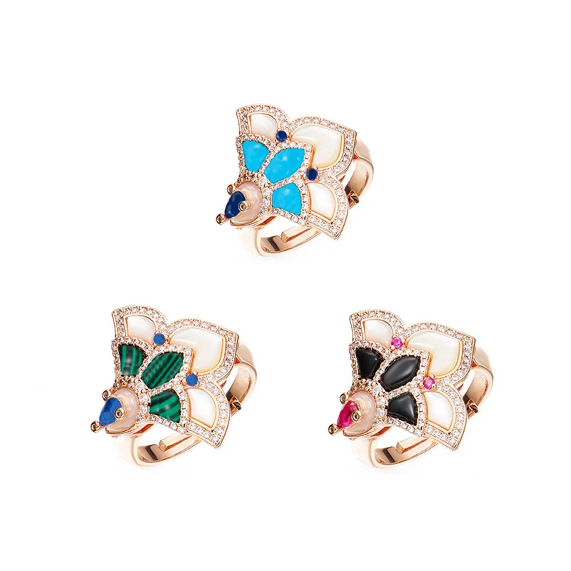 Anillo de estilo de colección de diseñador para mujer, conjunto de joyería para fiesta y cena con incrustaciones de circonita cúbica, nácar, azul, turquesa, malaquita