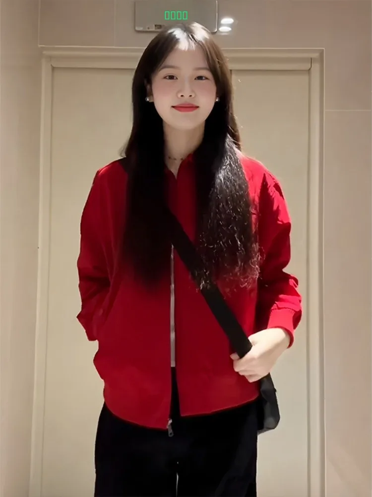 

Красный свободный женский кардиган на молнии в американском стиле, весна-осень-зима, с эффектом стройности, в китайском тренде