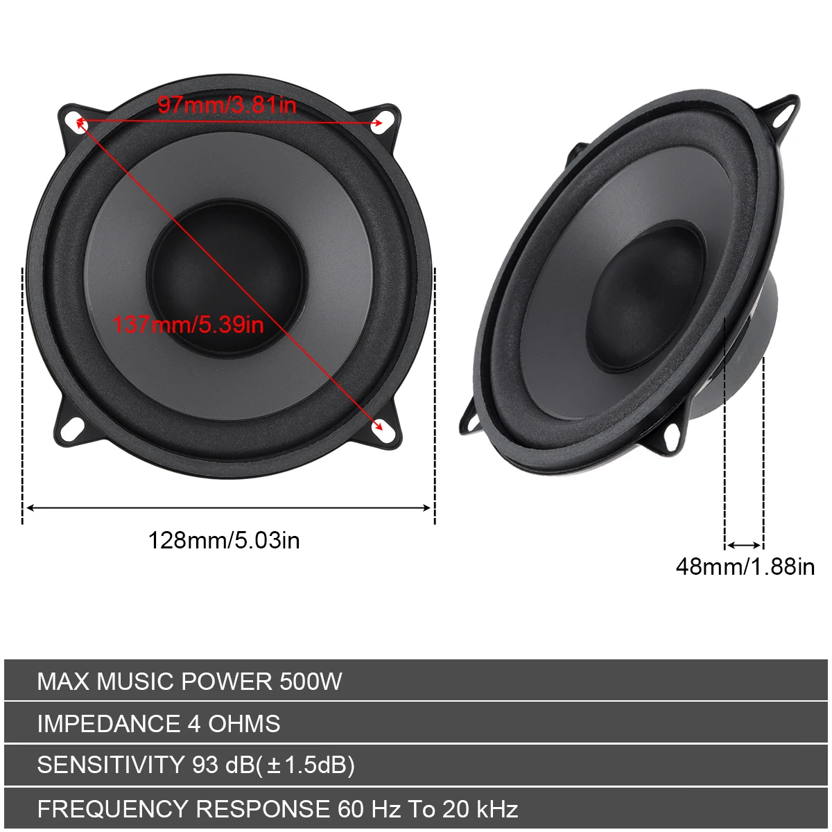 5 Inch 500W Car Speakers 2-Way Auto Door Audio Music Stereo Full Range Frequency Automotive HiFi Coaxial Speakers Subwoofer