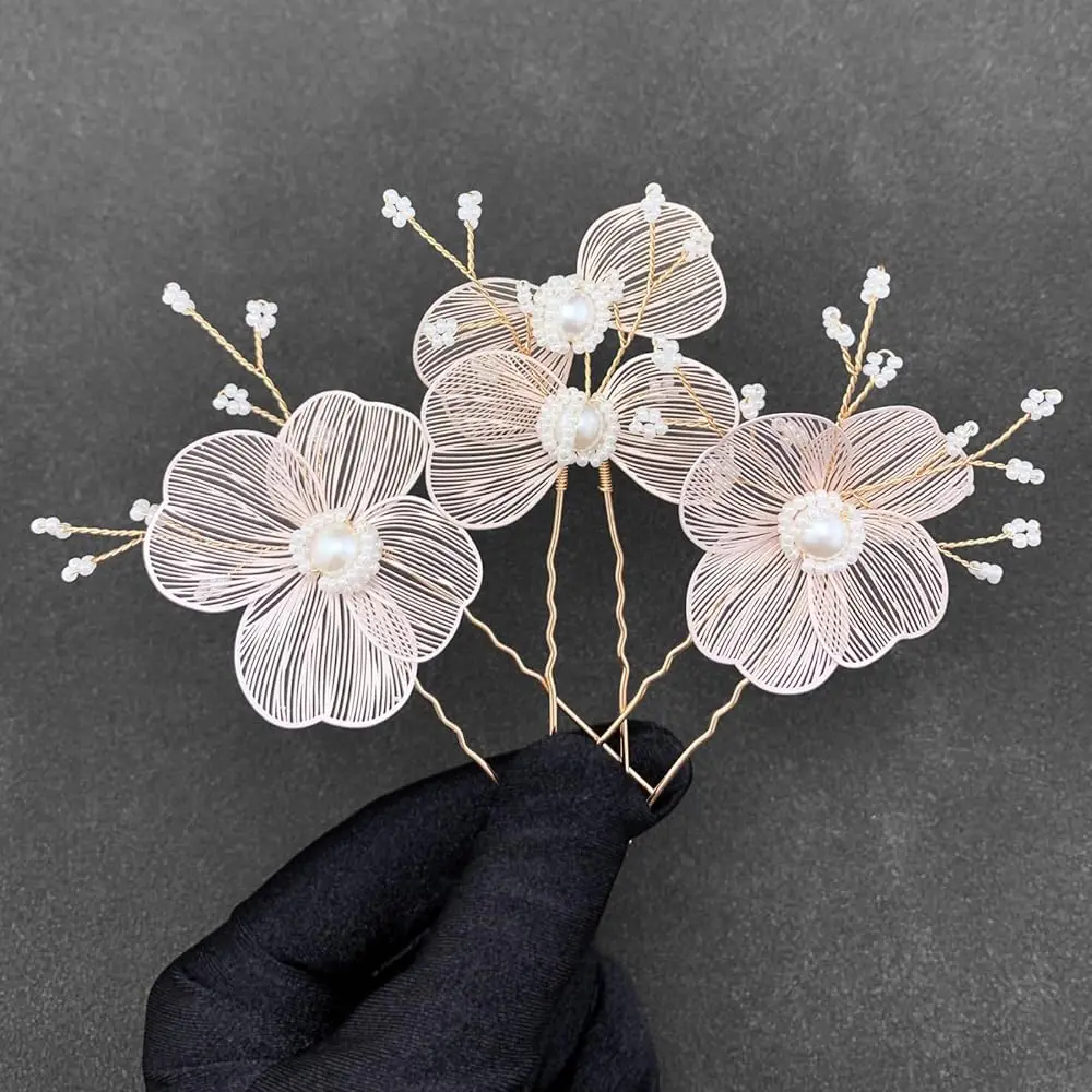 

Металлические заколки для волос с жемчугом и цветами, аксессуары для невесты на свадьбу (набор из 3 штук) (светло-розовый)