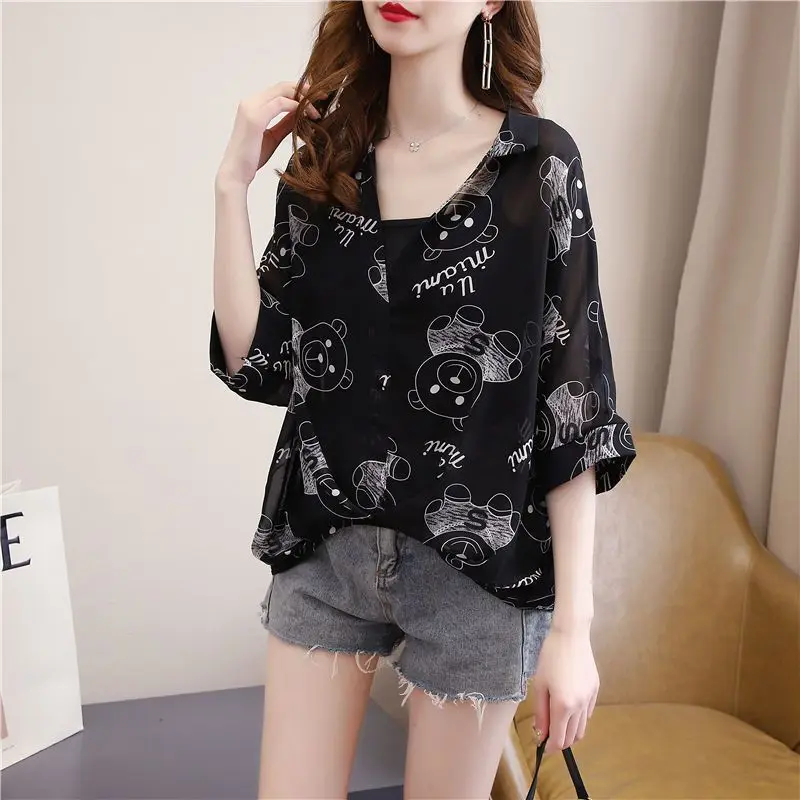 Short Sleeve Chiffon Shirts for Women, Loose Fitting, Casual Clothes, Elegant Temperament Tops, Summer Simplicity Fashion Trend