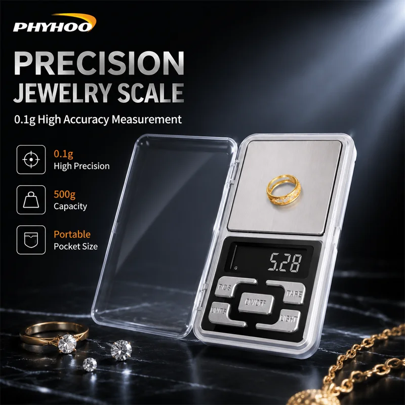 PHYHOO 500g 0.1g Precision Pocket Jewelry Scale Portable Digital Gram Gold Gem Herb Scales with Batteries Backlight Multi Units