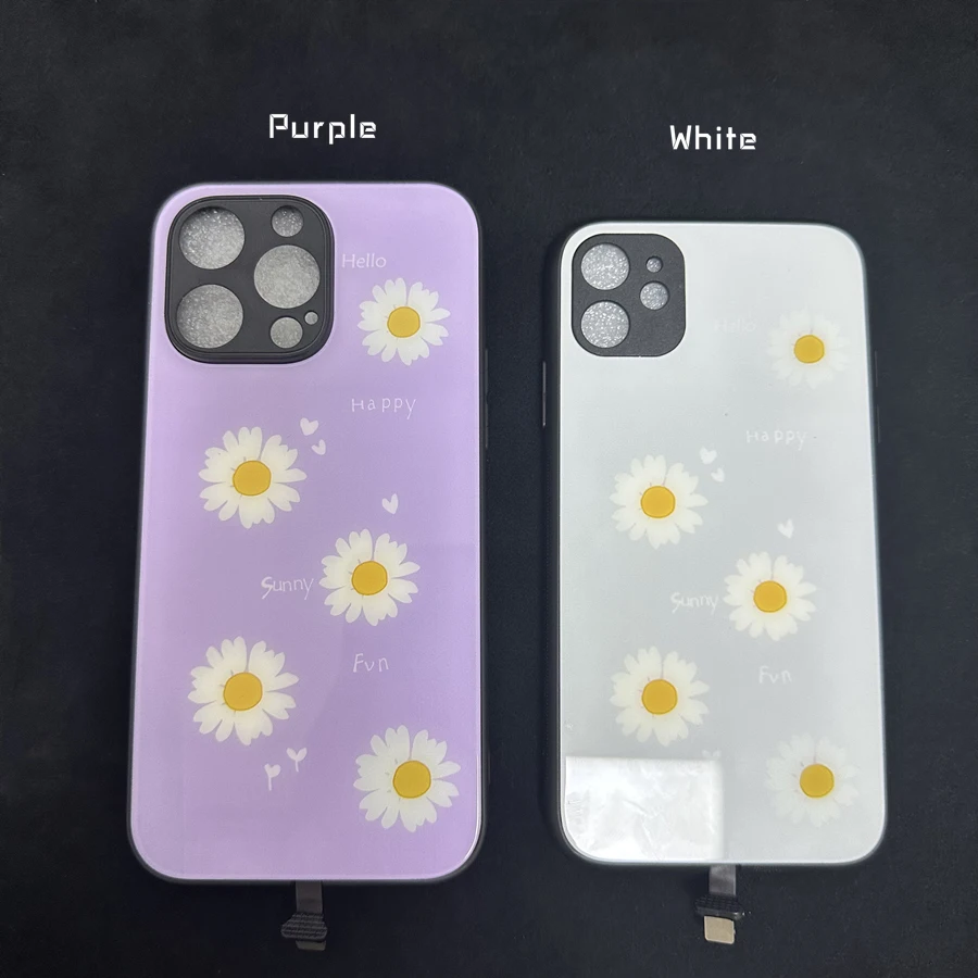Incoming Light Flash Back Shell Case For iPhone 12 Mini 11 Pro 7 7 8 Plus X XS Max SE Tempered Glass Purple Daisy Flower Cover