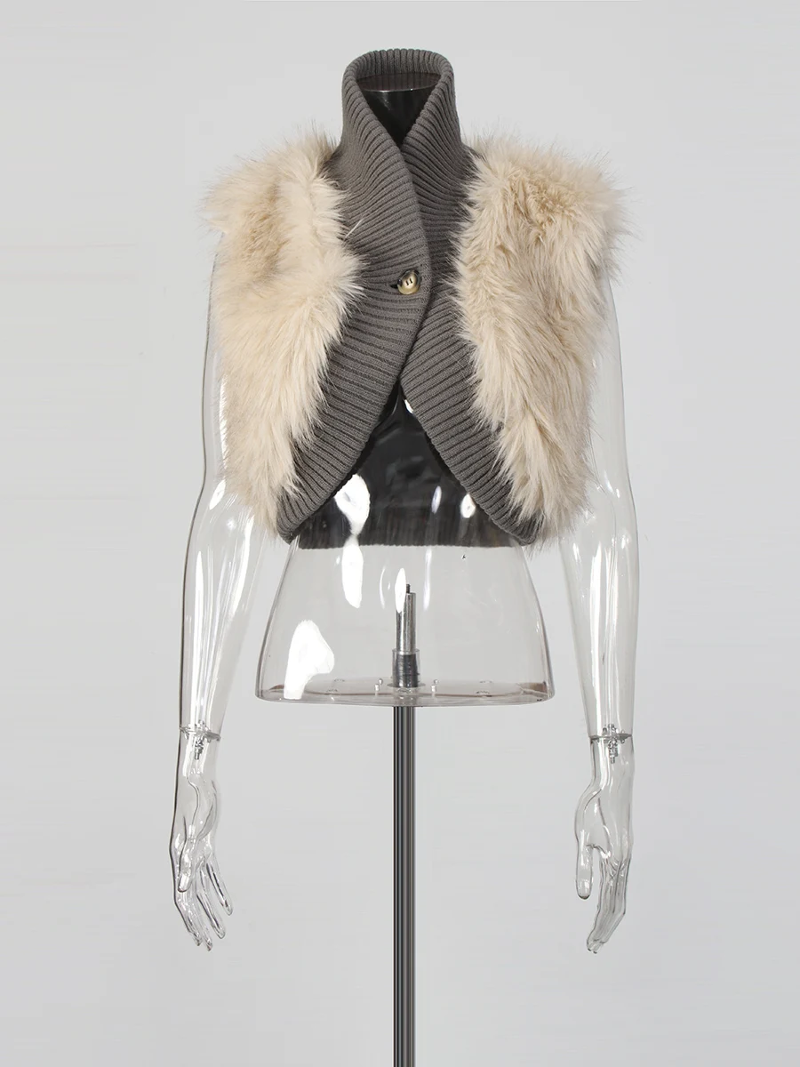 TWOTWINSTYLE ضرب اللون تقسم الفراء والجلد سترات خمر للنساء الخامس الرقبة أكمام سترة قصيرة ملابس عصرية الإناث