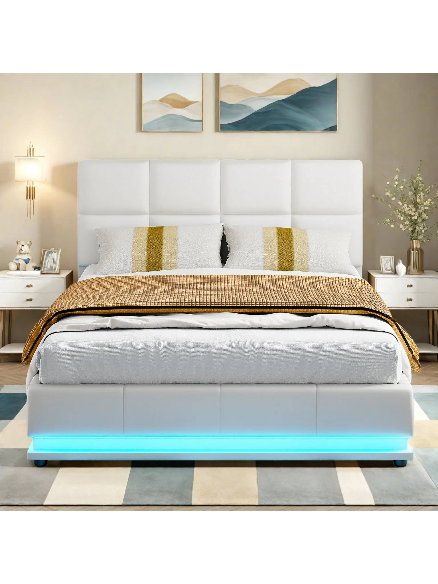 Rosahqnda gestoffeerd tweepersoonsbed 140 x 190 cm met hydraulische opbergruimte, jeugdbed met LED en USB-oplaadstation - afbeelding 2