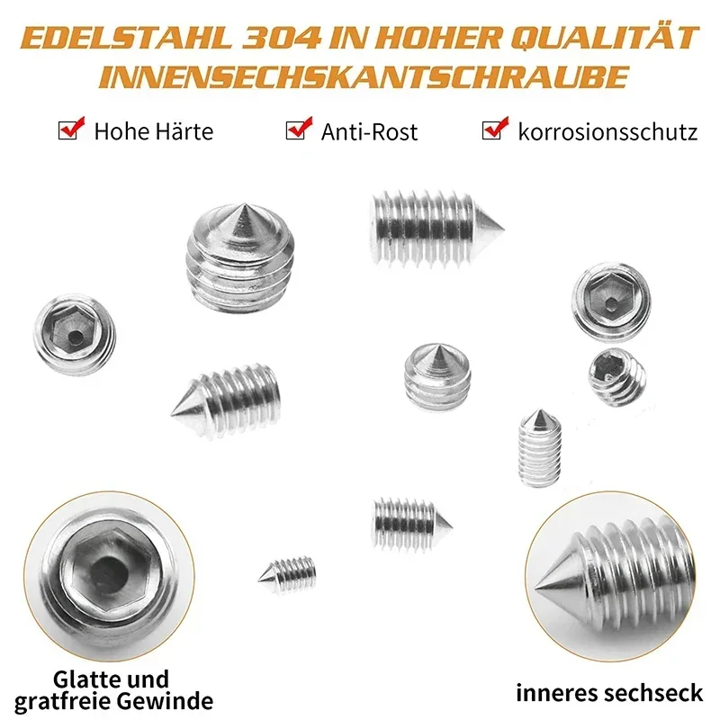 240-teiliges Edelstahl-Innensechskantschrauben-Set M3/M4/M5/M6/M8 Gewindestifte mit Kegelspitze & Konischem Ende Langlebige Befestigungselemente – Detail 4