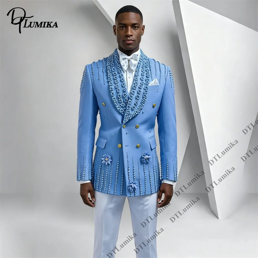 Beaded Formal Suit 2 Piece Jacket Pants Set Luxury Wedding Groom Tuxedo Prom Party Stage Banquet Evening Event Costume Custom