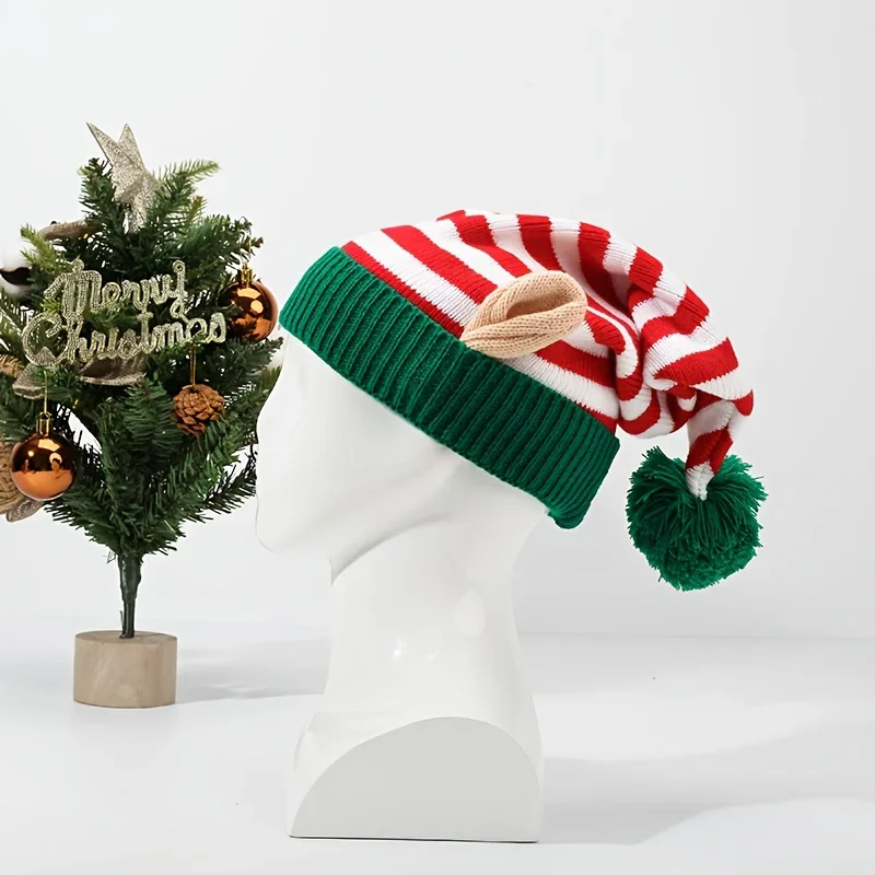 Gorro de elfo de punto a rayas para Navidad, con orejas, gorro con pompón rojo y verde o rojo y blanco, accesorio festivo para fiestas, para mujeres y hombres, ideal para Navidad.