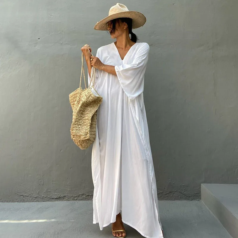 Women Lightweight Rayon Beach Cover Up Dress for Vacation Sun Protection with Side Slit Loose Fit Sexy Bikini Cover Up