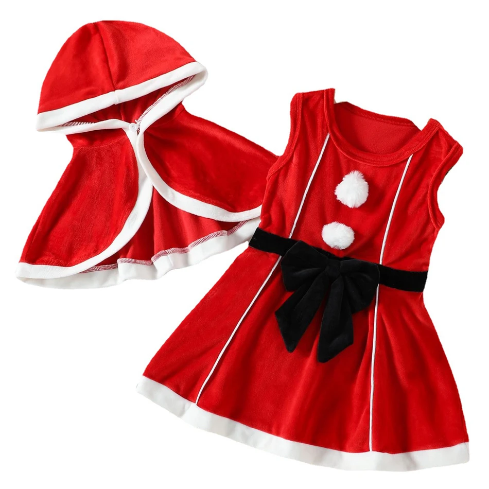 Girls Christmas Suit New Children Clothing Red Silver Fox Velvet Hooded Cloak Bow Sundress Santa Claus Cosplay Costune for Baby