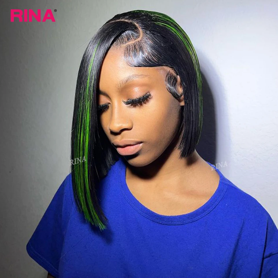 

Хайлайтер зеленый цвет прямой короткий Боб человеческие волосы парик 13x4 на сетке фронтальная 180 плотность человеческие волосы короткие боб парики для черных женщин