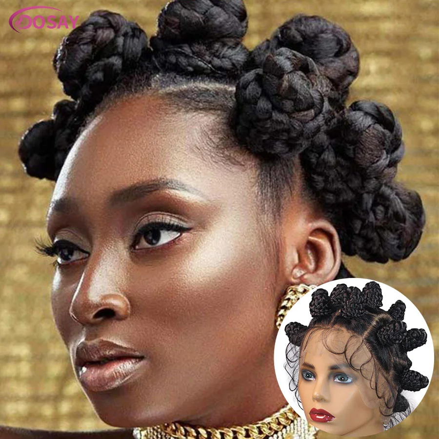 Cornrow Bantu Knots Braided Wigs Synthetic Full Lace Box Braids Wig For Women African Twist Buns Knotless Braids Wig Lightweight